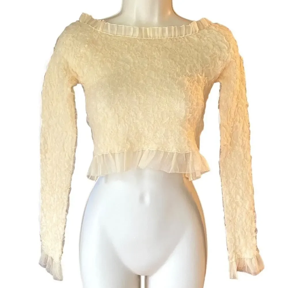 NWT ~ ZARA Beige Lace Tulle Off Shoulders Tight Crop Knit Top ~ Women's SMALL - Picture 7 of 9
